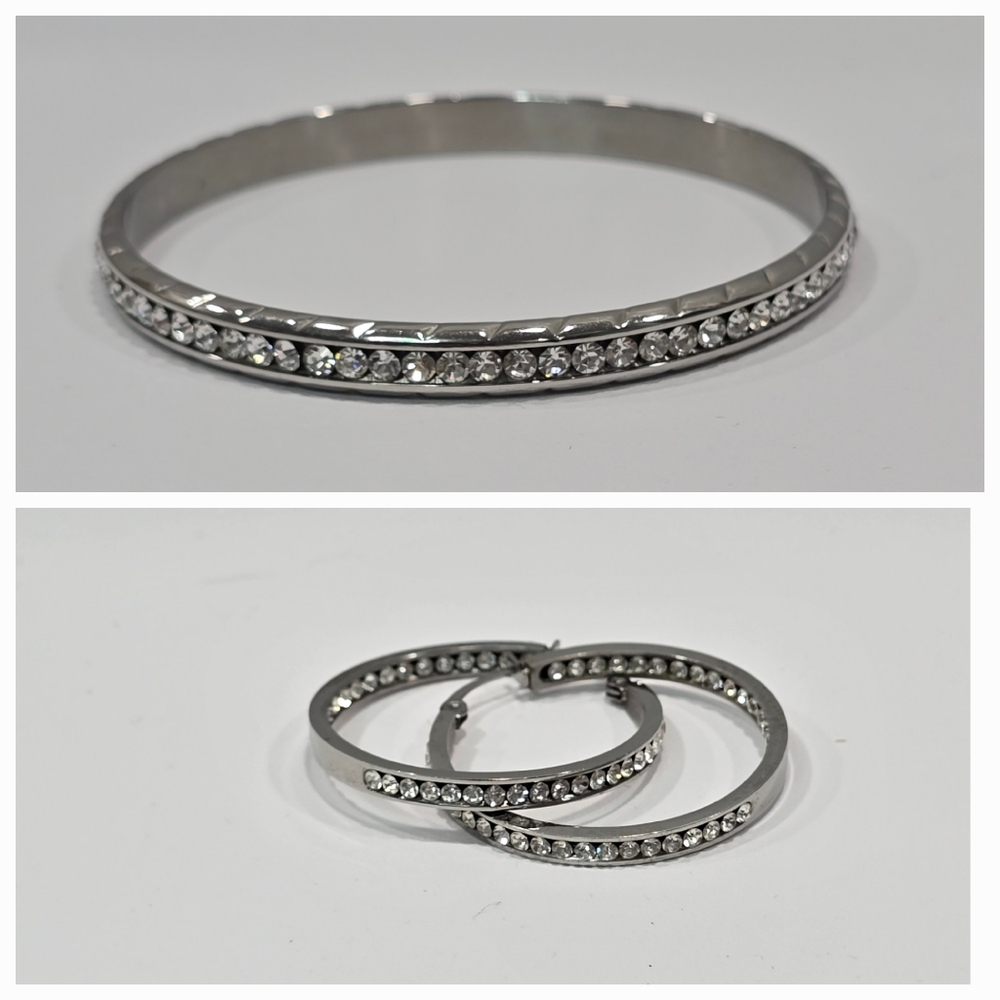 Elegant Silver Tone Clear Rhinestone Bangle Bracelet and Hoop Earrings Set